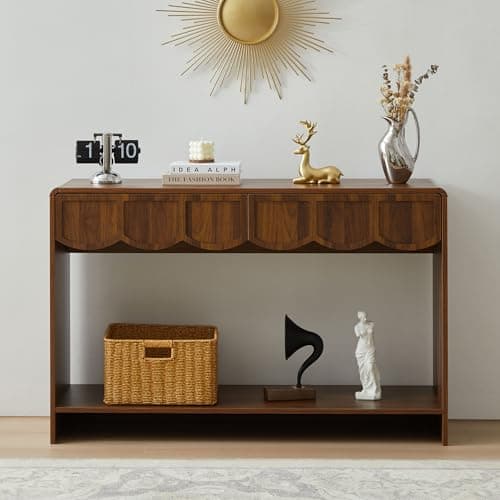 Console Table with Drawers, Mid-Century 43 Inches Narrow Entryway Tables with Open Storage Shelves, Hallway Accent Tables Behind Couch Table for Living Room - Walnut