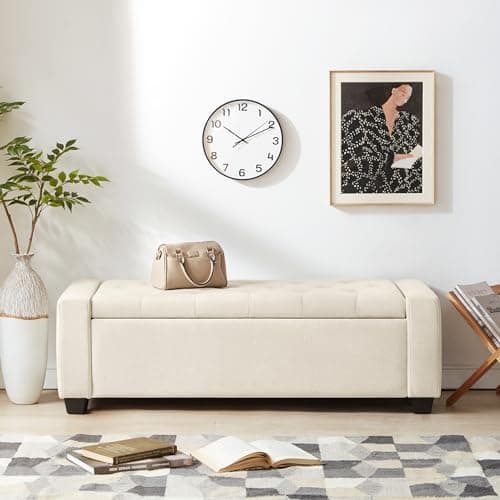Ottoman with Storage, Storage Ottoman Bench with Safety Hinge, Upholstered Entryway Bench with Seating for Bedroom, Living Room, Holds up to 330 lb, Beige