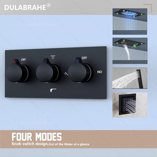 Waterfall And Rain Shower System Faucet Set 14 X 20 Inch LED Ceiling Rainfall Matte Black Shower Head With Handheld Spray Combo Shower Body Jets For Bathroom