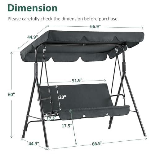 MCombo 2-3 Person Outdoor Patio Swing Chair, Convertible Canopy Hanging Swing Glider Lounge Chair, Removable Cushions, 4003 (Dark Gray)