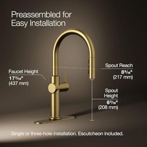 KOHLER 22972-2MB Crue Pull Down Kitchen Faucet, Pull-Down Sprayer, Vibrant Brushed Moderne Brass