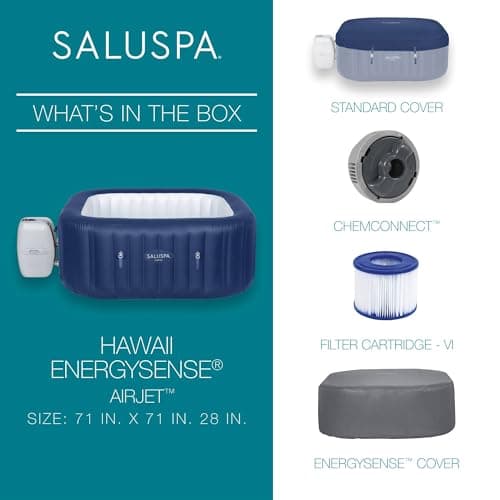 Bestway SaluSpa Hawaii AirJet 4 to 6 Person Inflatable Hot Tub Square Portable Outdoor Spa with 140 AirJets and EnergySense Energy Saving Cover, Blue