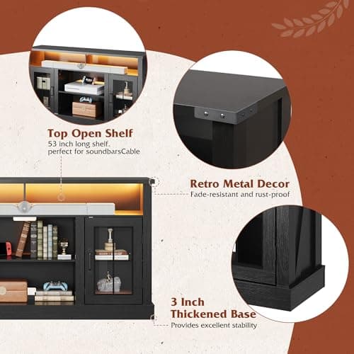WLIVE Farmhouse TV Stand for 65 Inch TV, Tall Entertainment Center with LED Lights, Mid Century Modern TV Console with Open Shelves and Glass Cabinet Doors for Living Room and Bedroom, Black