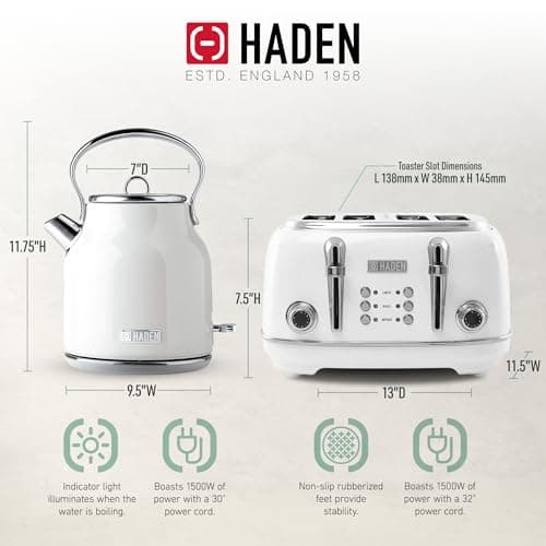 HADEN Heritage Stainless Steel Body Retro Electric Tea Kettle, White and Haden Heritage 4 Slice Wide Slot Stainless Steel Retro Toaster, White
