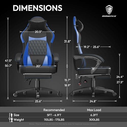 Dowinx Gaming Chair with Pocket Spring Cushion, Ergonomic Computer Chair with Massage Lumbar and Footrest for Adults, High Back Game Chair Leather for Office Gaming 300LBS, Blue New