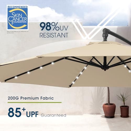 wikiwiki 10FT Solar Patio Offset Umbrella with Base Included, Outdoor Cantilever Umbrella Hanging Umbrellas with Weighted Sandbag Base, Market Patio Umbrella for Backyard, Garden & Deck, Beige