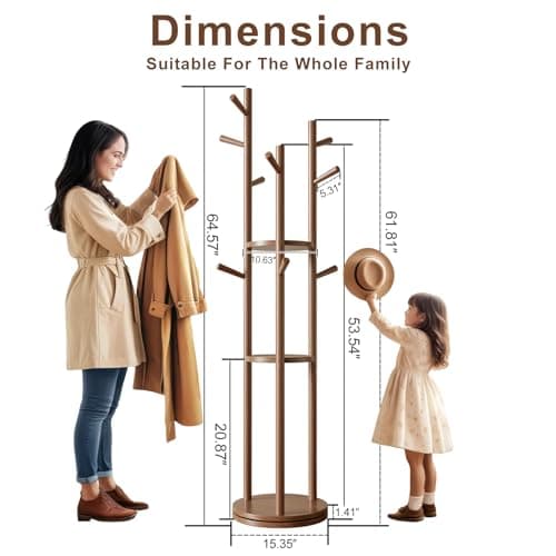 Solid Wood Rotary Coat Rack, Freestanding Coat Rack with 3 Shelves and 9 Hooks, Coat tree for Bedroom, Entryway, Livingroom, Coat Hanger Stand for Coats, Scarves, Handbags (Walnut)