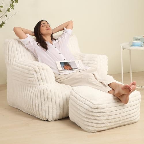 Comfy Gaint Bean Bag Chair with Ottoman, Fluffy Huge Bean Bag Armchair for Adults and Teens, Cream