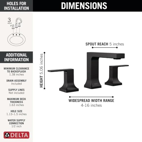 Delta Velum Matte Black Bathroom Faucet 3 Hole, 8 Inch Widespread Bathroom Sink Faucet for Vanity, Metal Push-Pop Drain Assembly, Matte Black 3537LF-BLMPU