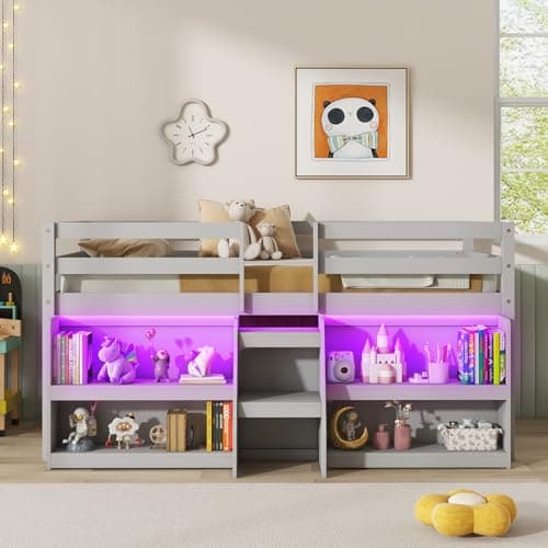 Giantex Low Loft Bed with LED Lights, Wooden Loft Bed Twin Size with Stairs & Safety Guardrail, Loft Bed for Kids with Storage Bookcase and Under-Bed Play Space, Grey