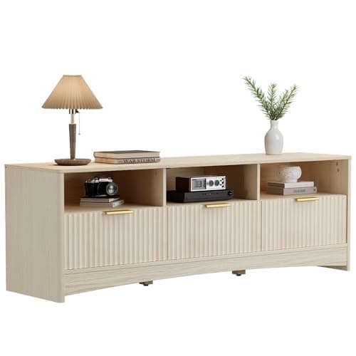 Marsail 59″ Wide TV Stand for TVs Up to 65″, Modern Entertainment Center with Fluted Panels, 3 Easy-Sliding Drawers, Open Shelves & Cable Hole, 3-Tier TV Stands for Living Room & Bedroom, Natural Oak