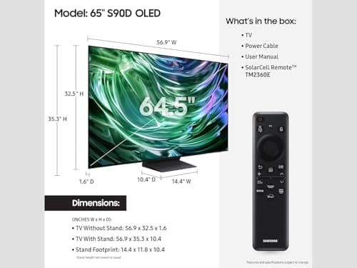 Samsung 65-Inch Class OLED 4K S90D Series HDR+ Smart TV, Motion Xcelerator, Real Depth Enhancer, 4K AI Upscaling, Alexa Built-in (QN65S90D, 2024 Model) Includes Free 2 Year Warranty