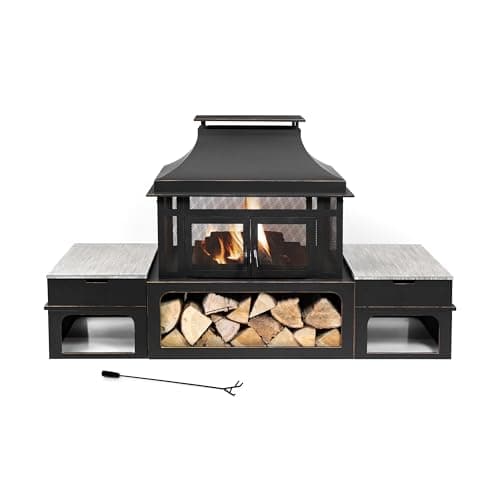Rimasco 80-Inch Metal Wood Burner Fireplace with Side Storage Tables - Wood Burning Fire Pit for Home - Smokeless Patio Fire Pit - Outdoor
