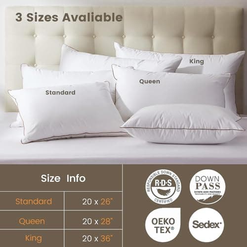 Premium White Goose Down Pillows - 550+ Fill Power - Soft and Support Down Bed Pillow for Sleeping - Hotel Bed Pillows for Back,Side,Stomach Sleepers,Standard (1 Pack,20" x 26")