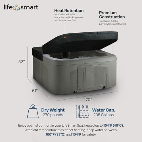 LifeSmart 4-Person Hot Tub with 13 High-Powered Jets & LED Lighting, Square, Taupe - Outdoor Spa w/ 4 Bucket Seats, Pump & Cover, 205-Gallon Water Capacity