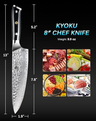 KYOKU Gin Series Chef Knife, 8" All Purpose Kitchen Knife, Japanese VG10 Damascus Stainless Steel Knife with Silver Ion Blade G10 Handle Mosaic Pin, Professional Knife for Meat Fruit Vegetables