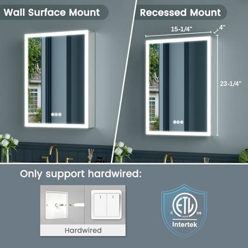 16x24 Inch Medicine Cabinet with Lights, Lighted Medicine Cabinet with Mirror, AL Alloy Frame, Hardwired, Recessed or Wall Mount, 3 Light Colors/Dimmable/Defog,2 Outlets&USBs, 2 Shelves