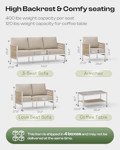Aluminum Outdoor Patio Furniture Set, HDPE Rope 5 Piece Modern Sectional Conversation Sets with Dual-Layer Coffee Table, All Weather Patio Couch Sofa with Thick Cushions, Silver Frame, Beige