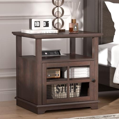 HIFYOBRO 24''Tall End Table with Charging Station, Adjustable Shelf, Storage Side Table,21" Large Nightstand for Living Room, Bedroom,Espresso