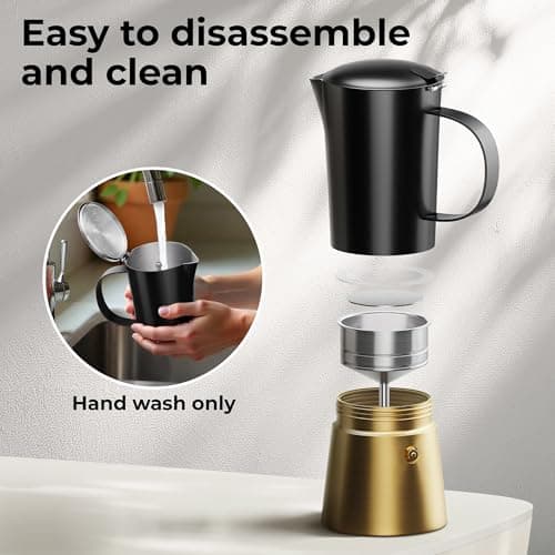 Moka Pot Espresso maker, Stovetop Stainless Steel Manual Espresso Italian Cuban Coffee Maker, 6 cups (350 ml), Elegant Coffee Maker Percolator Cafetera, Black/Gold