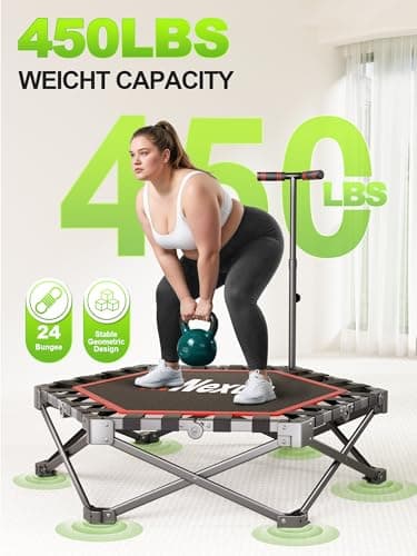 42" Foldable Mini Trampoline- 450lb Capacity Fitness Rebounder w/3-Level Adjustable T-Bar, Adults Workout Trampoline, Non-Slip Pad | Foldable Design for Home/Gym