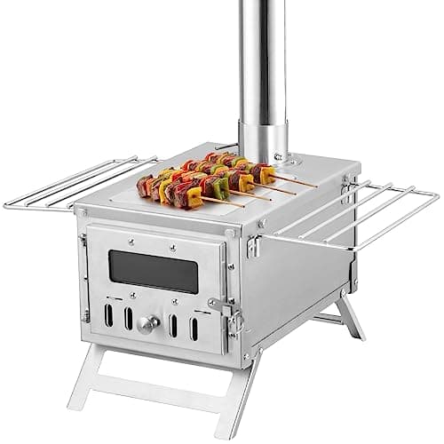 VEVOR Camping Wood Stove Stainless Steel Camping Tent Stove, Portable Wood Burning Stove with Chimney Pipes & Gloves, 700in³Firebox Hot Tent Stove for Outdoor Cooking and Heating with 8 Pipes