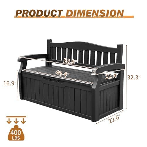 Devoko 80 Gallon Storage Bench Deck Box Lockable for Patio Furniture, Garden Decor and Outdoor Seating for Cushions, Garden Tools and Pool Supplies (Black)