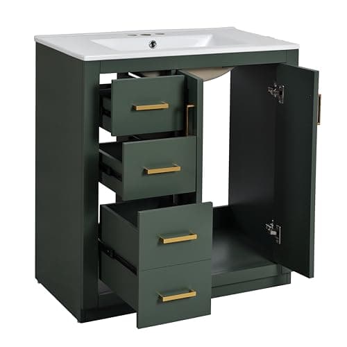 Merax 30'' Bathroom Vanity with Ceramic Sink Combo, Solid Wood Frame Bathroom Storage Cabinet, Freestanding Vanity Set with 3 Drawers& Soft Closing Doors, Green