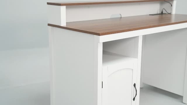 DWVO Farmhouse Office Desk with Drawer & Power Outlets, Wood Computer Desk w/LED Strip & Monitor Stand for Bedchamber Study, Home Office Table with Storage Cabinet for Working Writing Gaming (White)