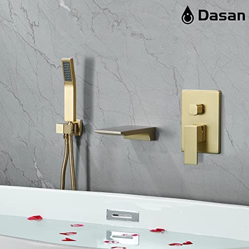 DASAN Waterfall Tub Filler Faucet Wall Mount with Hand Shower, Modern Wall Mounted Bathtub Faucet Brushed Gold Tub Faucet with High Flow Rough in Valve, SA-TF01WH-BG