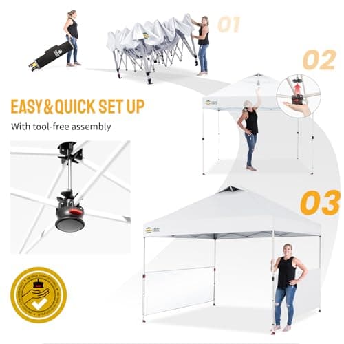 CROWN SHADES 10x10 Pop up Canopy Tent Instant Canopy with 150D Silver Coated Fabric Including 2 Half Sidewalls, 4 Ropes, 8 Stakes, 4 Weight Bags, STO 'N Go Bag, White