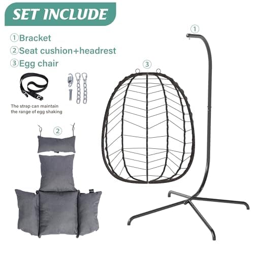 Egg Chair with Stand, Patio Wicker Hanging Chair, Hammock Swing Chair, 350LBS Capacity for Bedroom, Balcony(BR-GR)