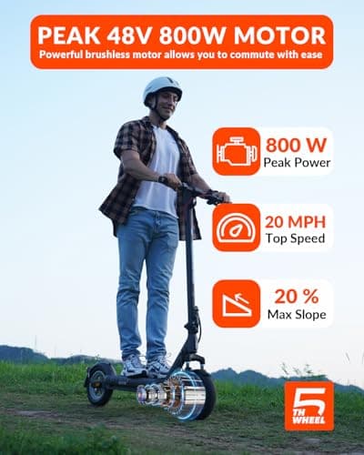 5TH Wheel V40 PRO Electric Scooters, 48V 800W Peak Motor & 20 MPH, 24.9 Miles Range, 10" Solid Tires, Front-N-Rear Suspension and Ambient Light, Folding Sport Scooters with Dual Brake System and APP