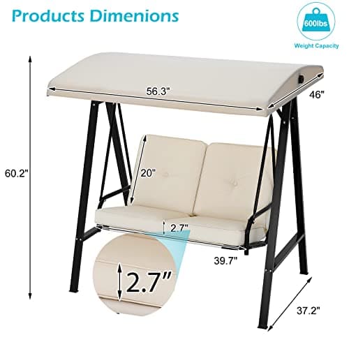 AECOJOY Outdoor Patio Swing Chair for Adults, 2-Seat Porch Swings with Adjustable Canopy, Outside Swing Bench with Removable Cushion, Suitable for Backyard, Garden, Yard, Poolside, Balcony (Beige)
