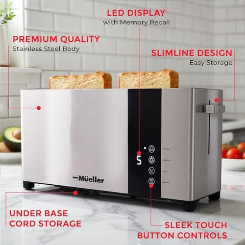 Mueller UltraToast Full Stainless Steel Toaster 2 Slice, Long Extra-Wide Slots with Removable Tray, Cancel/Defrost/Reheat Functions, 6 Browning Levels with LED Display, Housewarming Gifts New Home