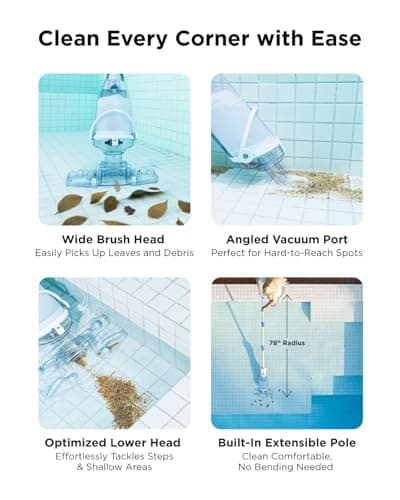 InoKraft Cordless Pool Vacuum Cleaner, Rechargeable, Handheld Pool Vacuum for Above Ground and Inground Pools, Transparent Head, 59” Extendable Pole, for Leaves, Debris, Shallow Steps, Blue