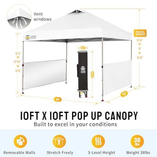 CROWN SHADES 10x10 Pop up Canopy Tent Instant Canopy with 150D Silver Coated Fabric Including 2 Half Sidewalls, 4 Ropes, 8 Stakes, 4 Weight Bags, STO 'N Go Bag, White