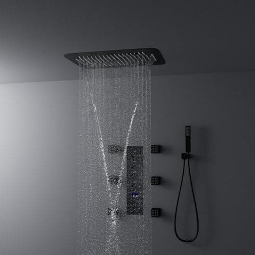 AYIVG Matte Black Thermostatic Rainfall Full Body Shower System With 2 In 1 Waterfall Rainfall Ceiling Mount 16 X 24 Inch Rain Shower Head 6 Jets Temperature Display Shower Faucet Set