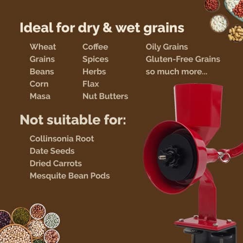 WONDERMILL Hand Grain Mill Red Wonder Junior Deluxe- Manual Grain Mill and Grain Grinder for Dry and Oily Grains - Kitchen Flour Mill, Hand Crank and Spice, Corn, Wheat Stone Mill Grinder