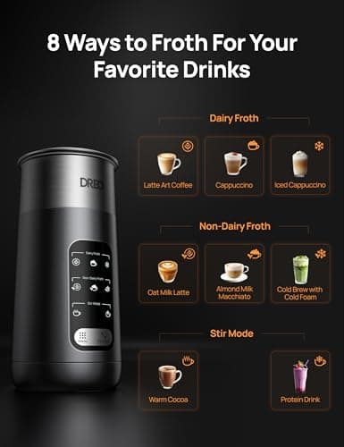 Dreo Milk Frother, 8-in-1 Electric Frother for Latte Art Coffee, 9oz/270ml Warm and Cold Foam Automatic Frothers for Dairy and Non-Dairy Milk, LED, Easy to Clean, BaristaMaker Air