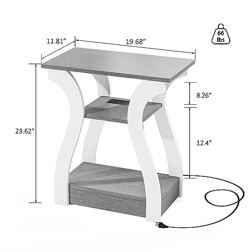 End Tables Living Room Set of 2,Grey End Table with Charging Station,Grey Side Table, Nightstand for Bedroom, 3 Tier End Table with Storage Shelf for Living Room
