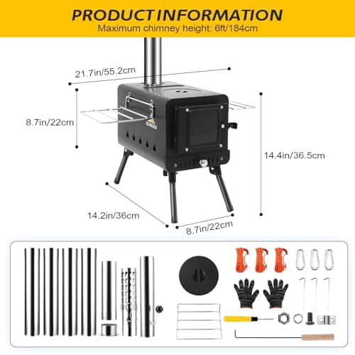 Black Wood Burning Tent Stove, 7 Section Stainless Steel Chimney, Portable Hot Tent Stove for Camping, Hunting, Ice Fishing