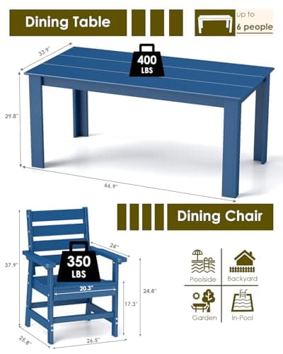 GREENVINES 7-Piece Outdoor Dining Set | HDPE | Patio Table and Chairs Sets for 6 | Patio Furniture | All Weather | Umbrella Hole | Blue| for Backyard Poolside Garden