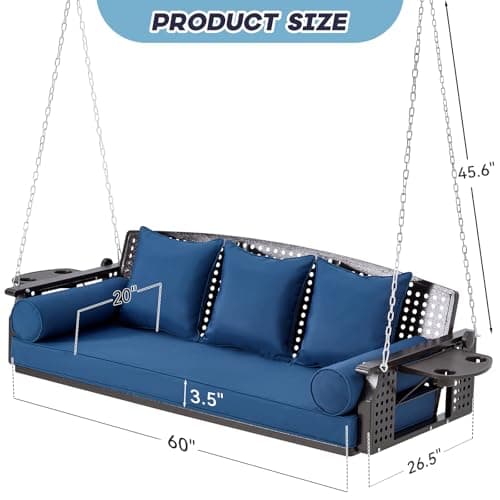 3 Seat Porch Swing, Patio Swing Bench with Cup Holders & 3 Back Cushions, Swing Chair with Chains for Deck Garden Backyard,Blue