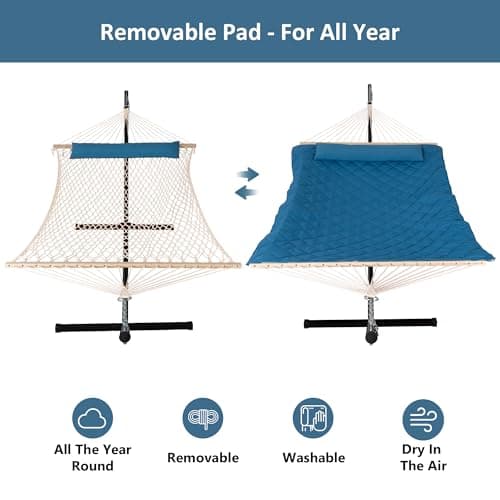 ANOW Double Hammock with Stand Included, Rope Hammock with Detachable Pillow and Pad for Outdoors Indoors, 450 LBS Weight Capacity, Blue