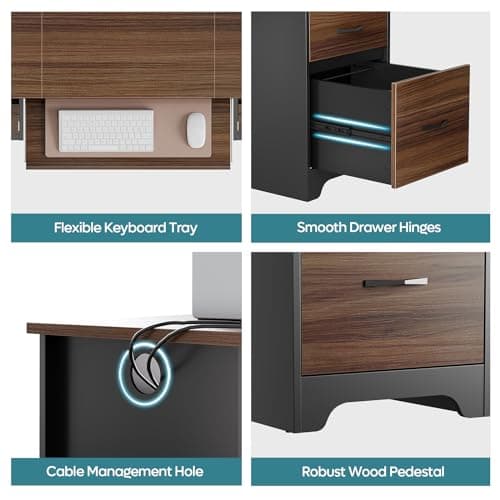 Bestier 59” Computer Desk with 4 Drawers, Office Desk with Storage, Industrial Executive Desk with File Drawer, Keyboard Tray & 2 Pedestals for Home Office & Studio, Cherry