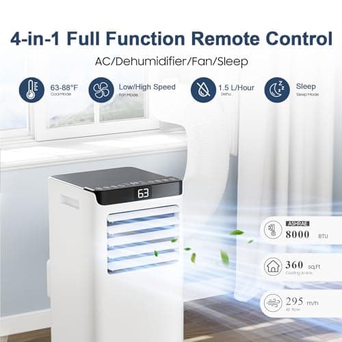 Portable Air Conditioners 8,000 BTU Air Conditioner Portable for Room up to 365 Sq.Ft. Portable AC Unit with Remote Control 4 Modes Dehumidifier Window Mount Kit (8000-07E)