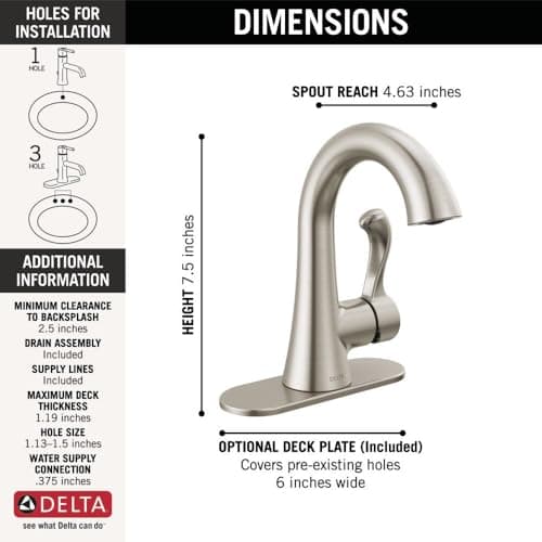 Delta Esato Brushed Nickel Bathroom Faucet 1 Hole, Single Hole Bathroom Sink Faucet for Vanity, Push-Pop Drain Assembly, SpotShield Brushed Nickel 15897LF-SP