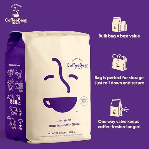 Coffee Bean Direct Jamaican Blue Mountain Style, Whole Bean Coffee, 5-Pound Bag