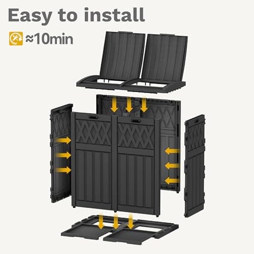 DWVO 66 Gallon Double-Bin Outdoor Trash Can, Waterproof Resin Garbage Can with Tiered Lid and Drip Tray for Patio, Kitchen, Deck, and Backyard - Black